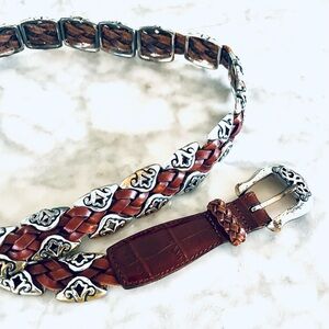 1990s Vintage Brighton 91807 brown leather belt with silver-tone stations
